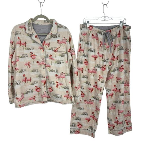 Nick Nora Flamingo Airstream Camper Trailer Pink Flannel Pajamas Women Size XL - Picture 1 of 11